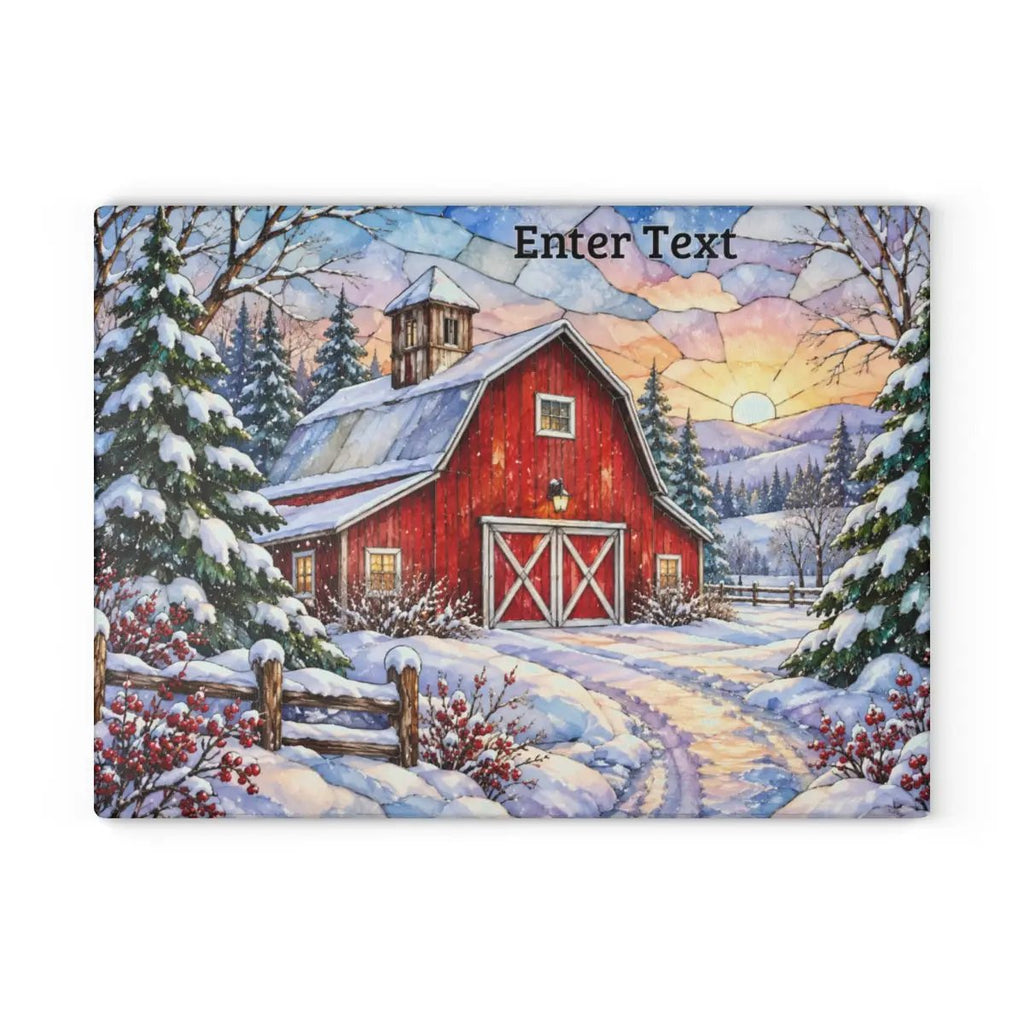 Winter Country Barn Glass Cutting Board, Red Barn Farmhouse Kitchen Decor, Snowy Rustic Country Christmas Gift