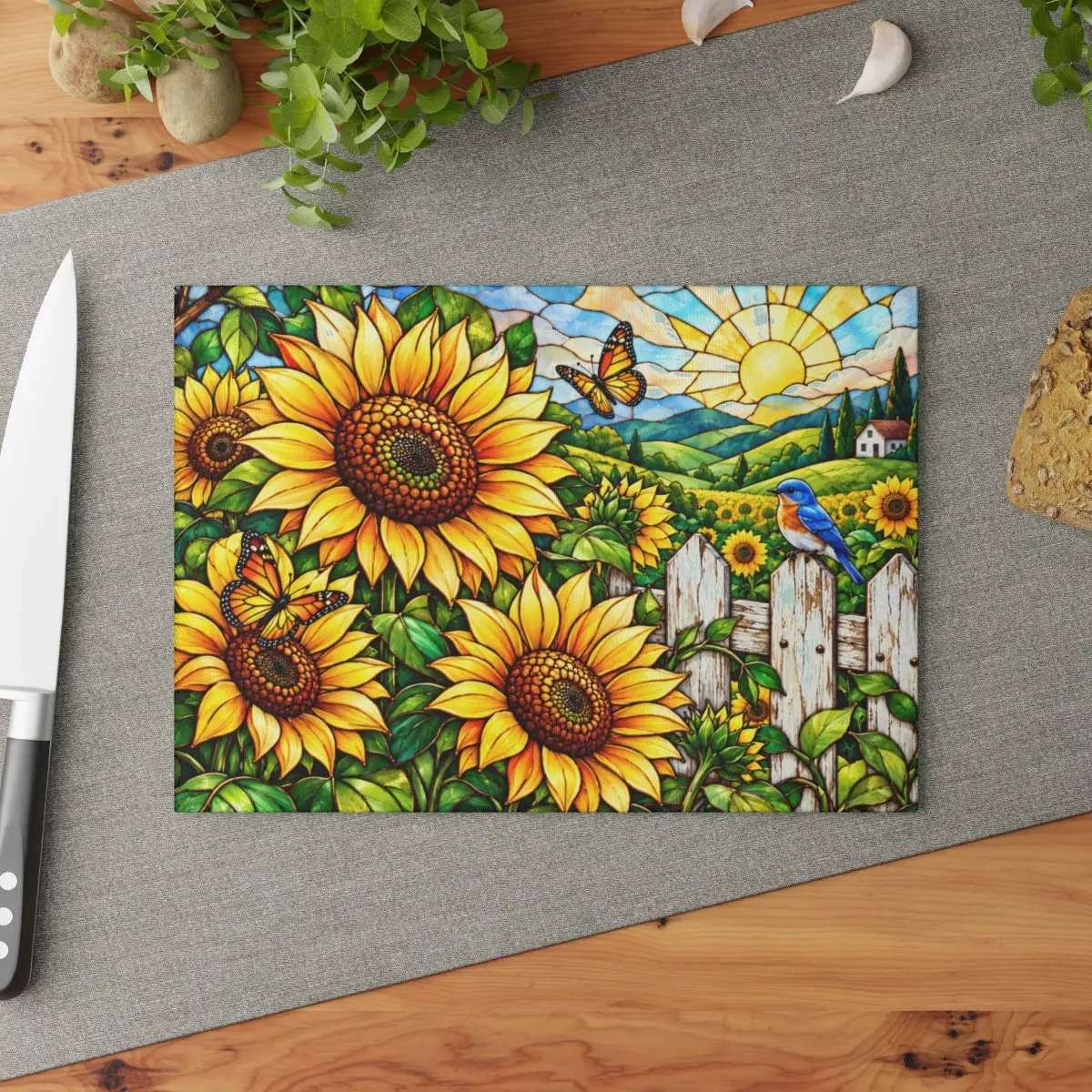 Sunflower Glass Cutting Board, Country Garden Kitchen Decor, Butterfly Sunflower Gift, Bluebird Floral Board, Cottage Kitchen Decor