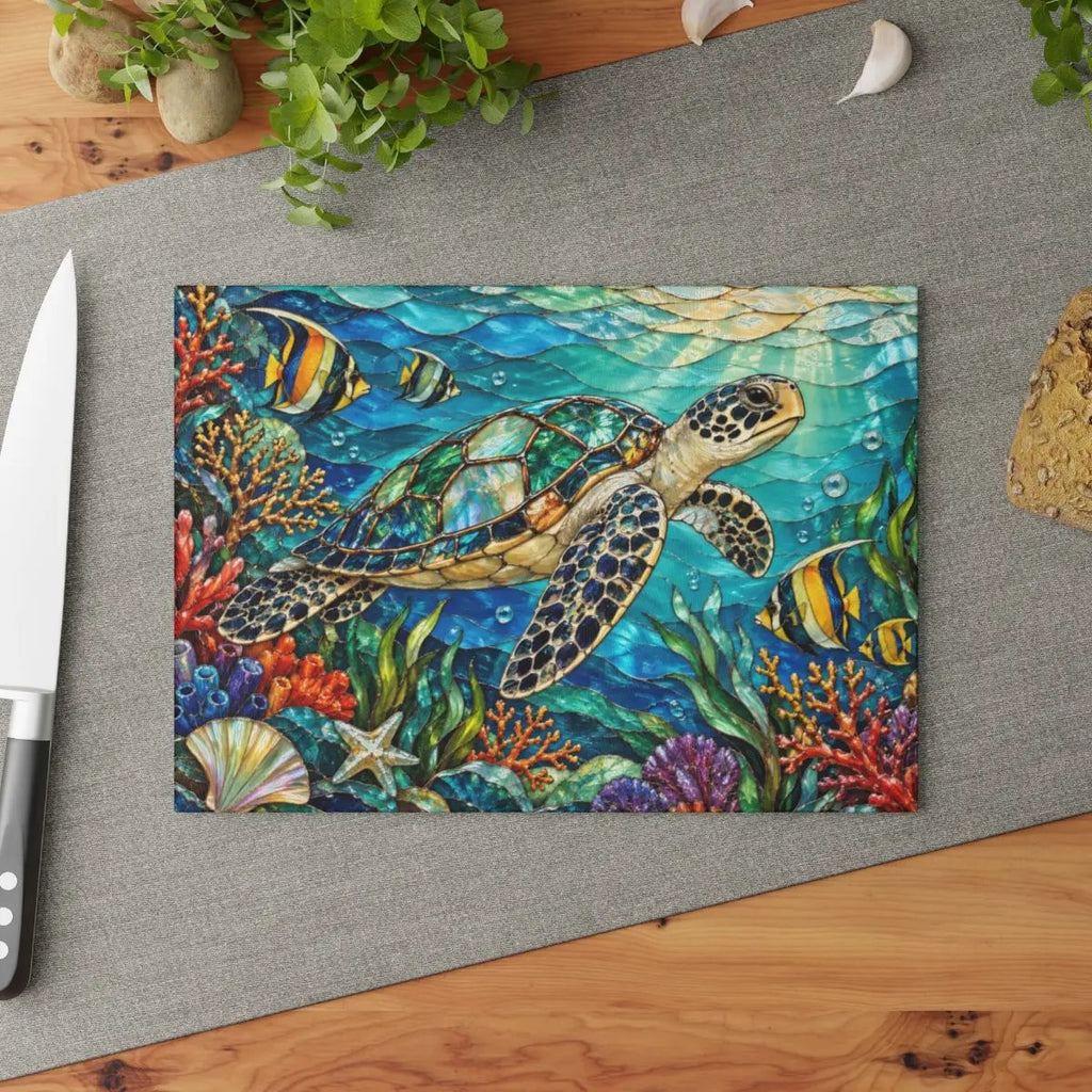 Sea Turtle Reef Glass Cutting Board, Ocean Kitchen Decor, Underwater Coral Sea Life Chopping Board, Coastal Housewarming Gift Idea
