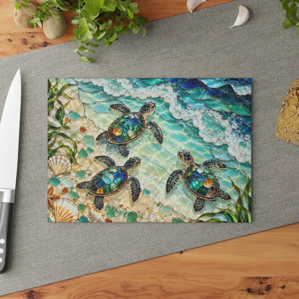 Sea Turtle Hatchlings Cutting Board, Coastal Kitchen Decor, Ocean Beach House Gift, Tempered Glass Chopping Board, Marine Life Kitchen Accent