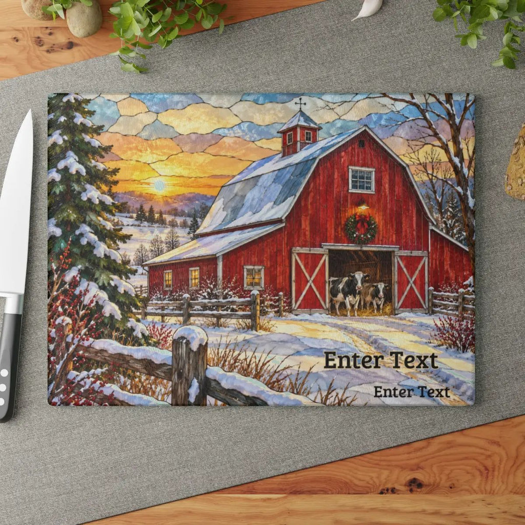 Christmas Red Barn Glass Cutting Board, Winter Farmhouse Decor, Cow Christmas Gift, Country Kitchen Decor, Farmhouse Holiday Gift