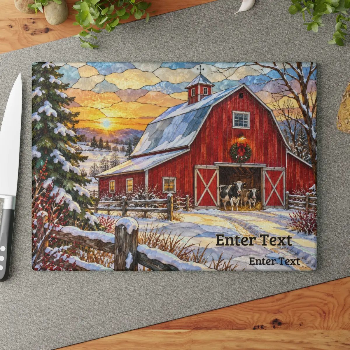 Christmas Red Barn Glass Cutting Board, Winter Farmhouse Decor, Cow Christmas Gift, Country Kitchen Decor, Farmhouse Holiday Gift