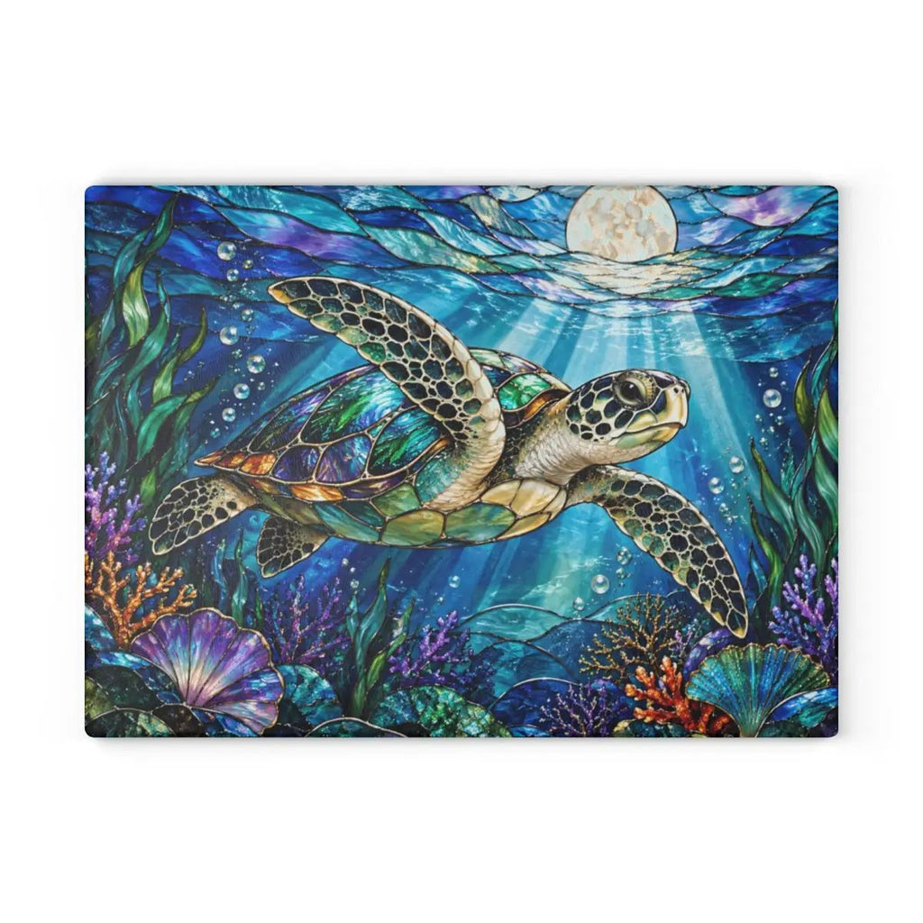 Sea Turtle Cutting Board, Ocean Kitchen Decor, Underwater Sea Life Chopping Board, Moonlit Marine Animal Gift, Coastal Kitchen Accent
