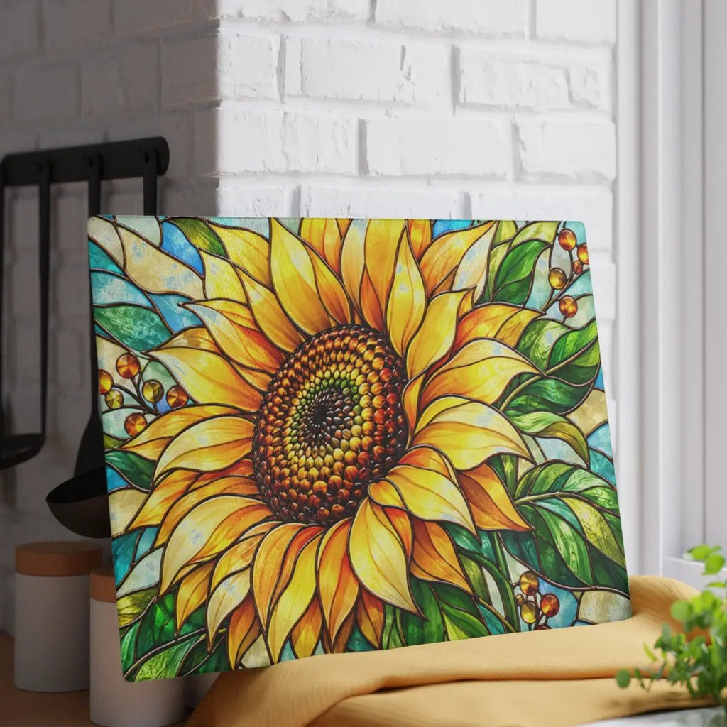 Sunflower Glass Cutting Board, Stained Glass Floral Kitchen Decor, Yellow Flower Chopping Board, Gift for Mom, Housewarming Gift