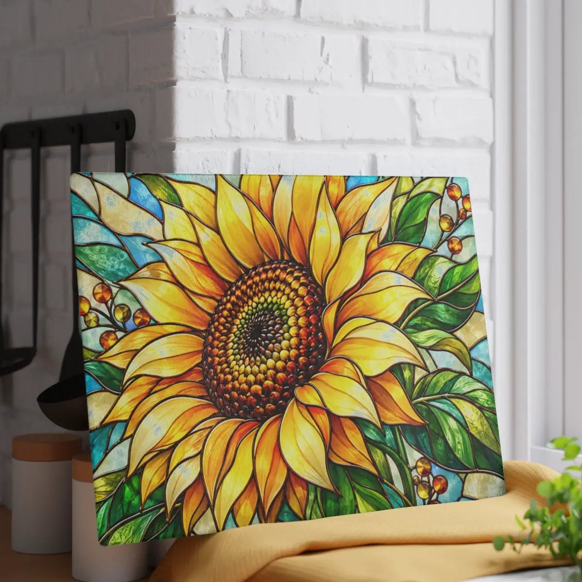 Sunflower Glass Cutting Board, Stained Glass Floral Kitchen Decor, Yellow Flower Chopping Board, Gift for Mom, Housewarming Gift