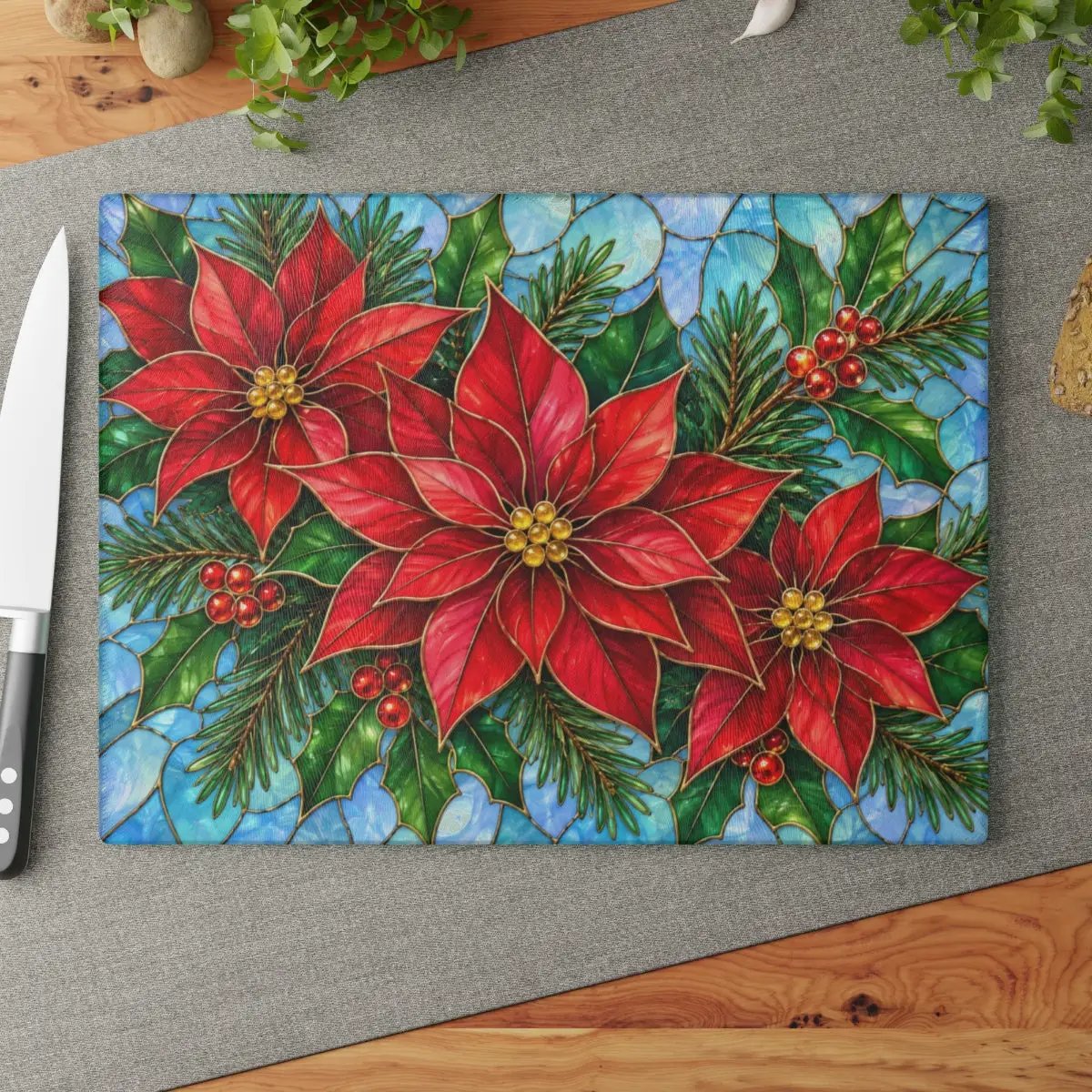 Christmas Poinsettia Glass Cutting Board, Evergreen Holiday Kitchen Decor, Red Floral Serving Board, Festive Winter Cooking Gift Idea