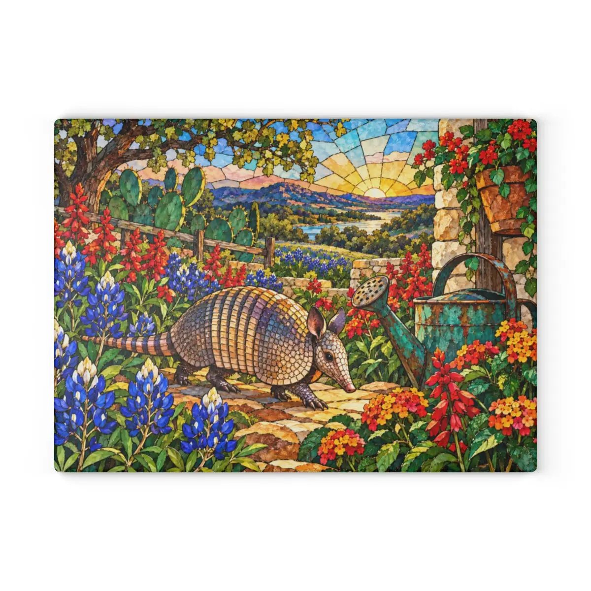 Texas Armadillo Glass Cutting Board, Stained Glass Bluebonnet Kitchen Decor, Colorful Lone Star State Gift