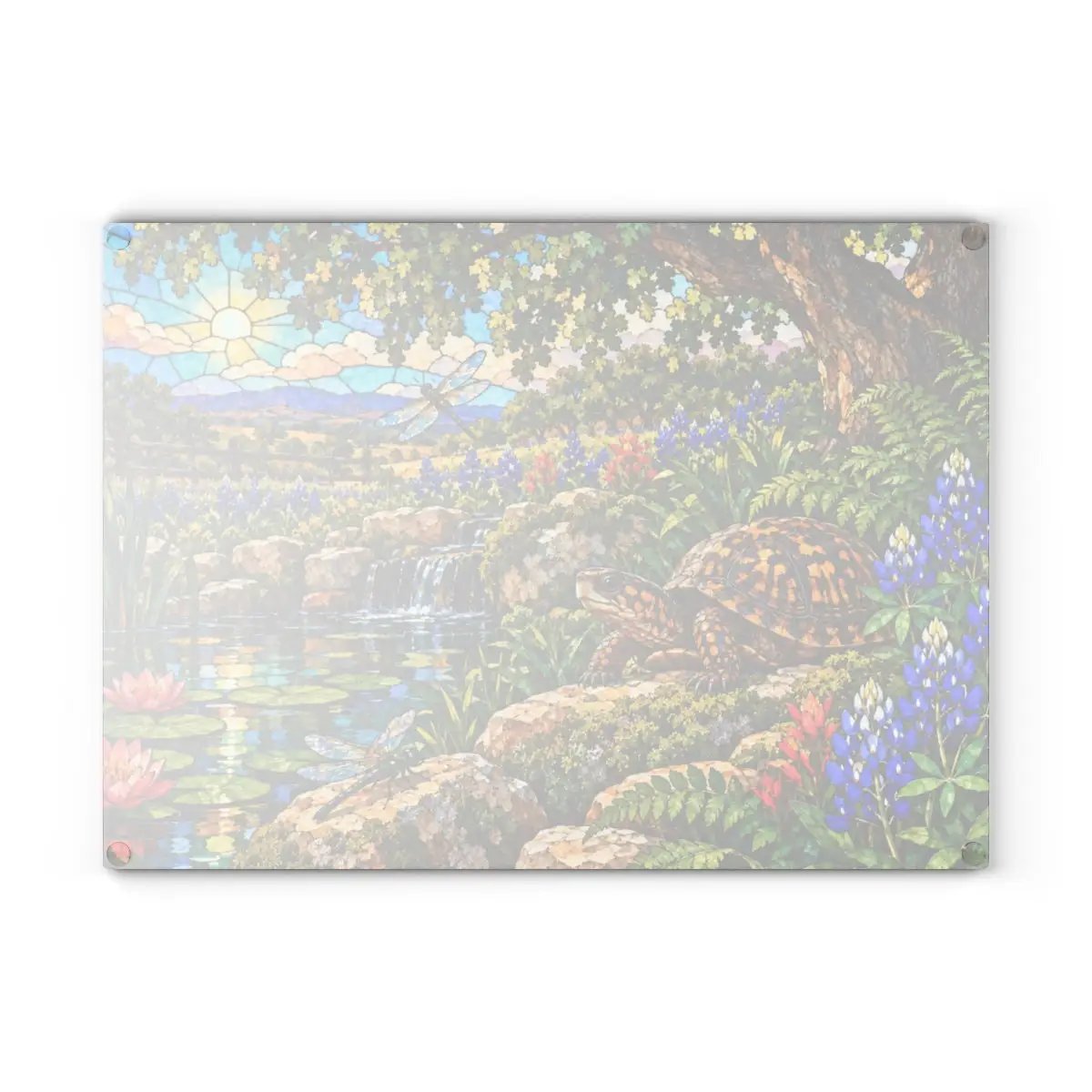 Box Turtle Glass Cutting Board, Texas Bluebonnet Kitchen Decor, Turtle and Dragonfly Gift, Wildlife Garden Cutting Board, Nature Decor