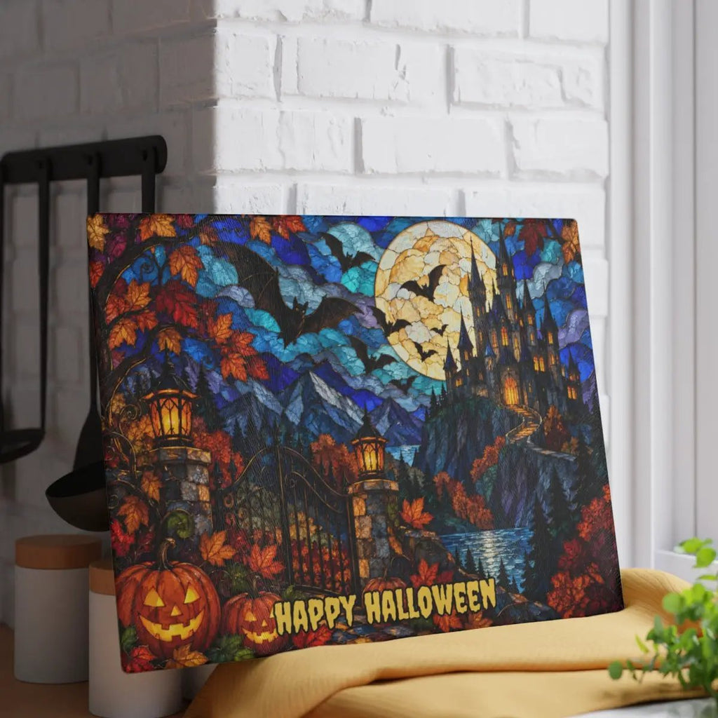 Halloween Castle Personalized Glass Cutting Board, Gothic Haunted House Kitchen Decor