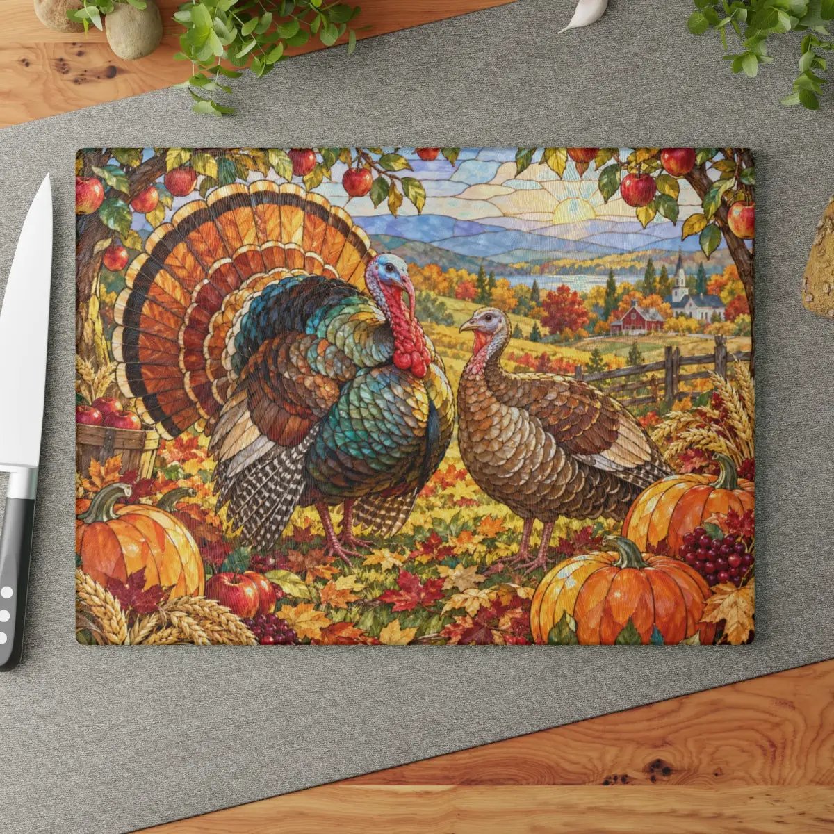 Thanksgiving Turkey Glass Cutting Board, Stained Glass Turkey Kitchen Decor, Fall Harvest Chopping Board, Thanksgiving Gift
