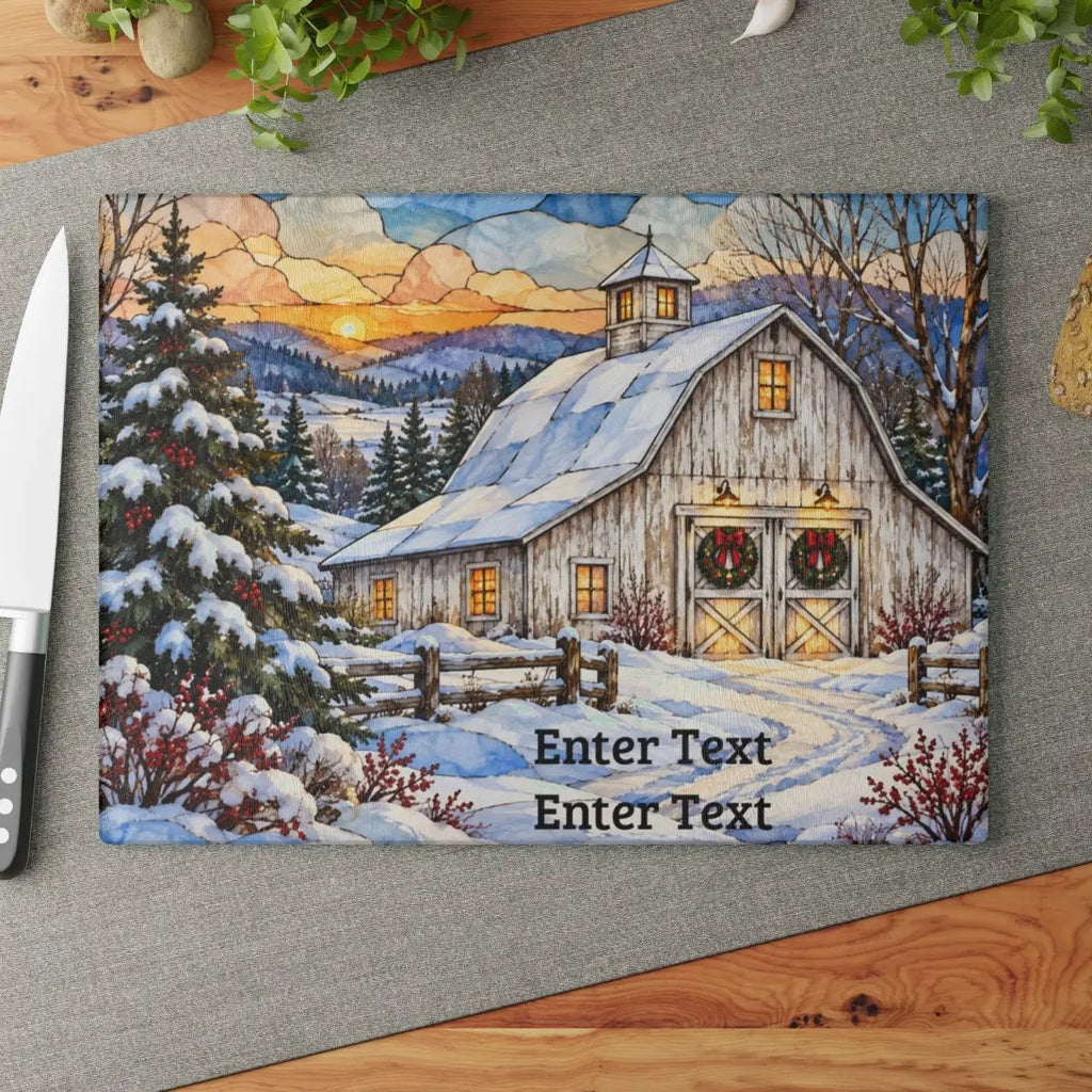 White Barn Glass Cutting Board, Christmas Farmhouse Decor, Winter Country Kitchen, Rustic Holiday Gift, Snowy Barn Christmas Decor