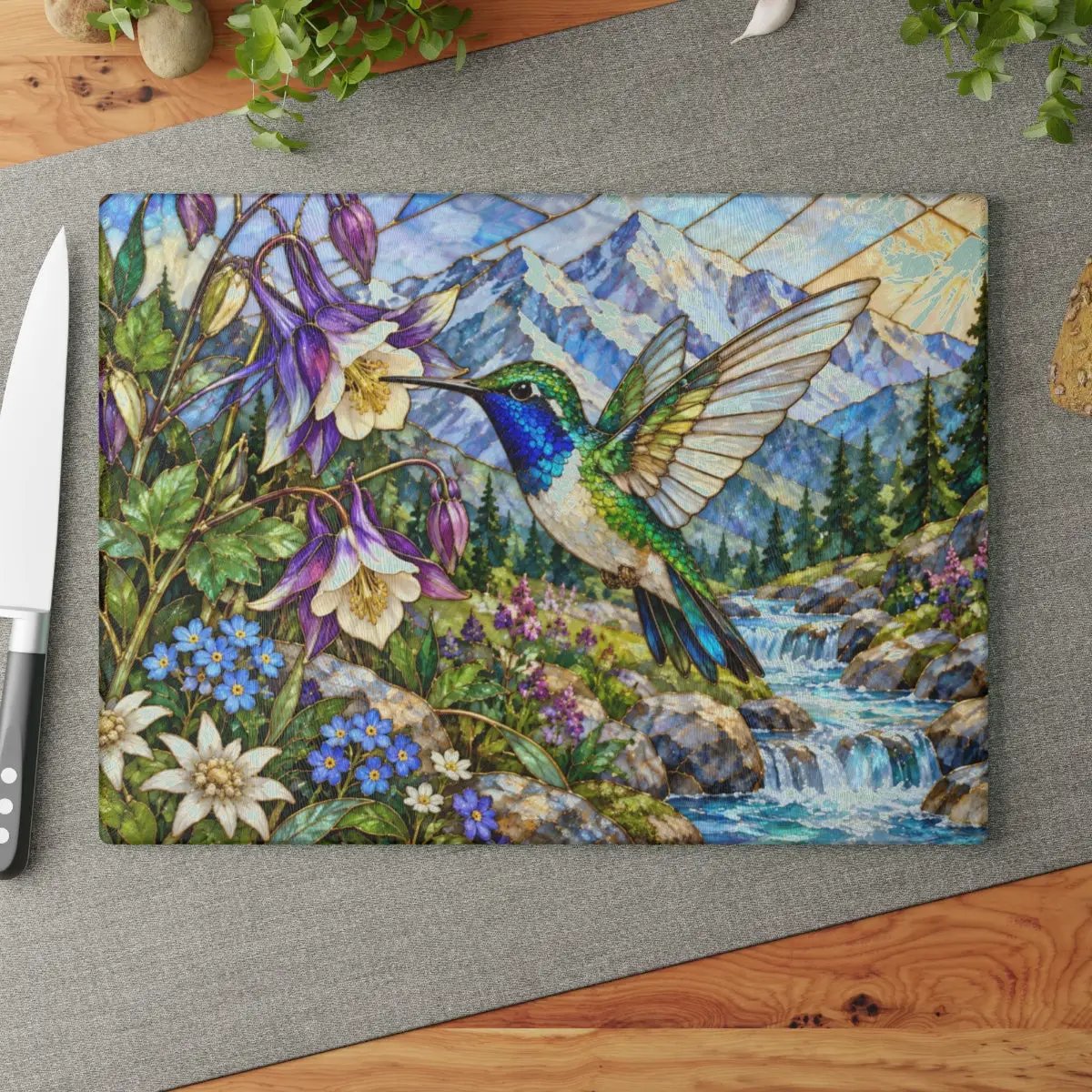 Hummingbird Glass Cutting Board, Stained Glass Mountain Art, Columbine Flower Kitchen Decor, Bird Lover Gift, Alpine Nature Cutting Board
