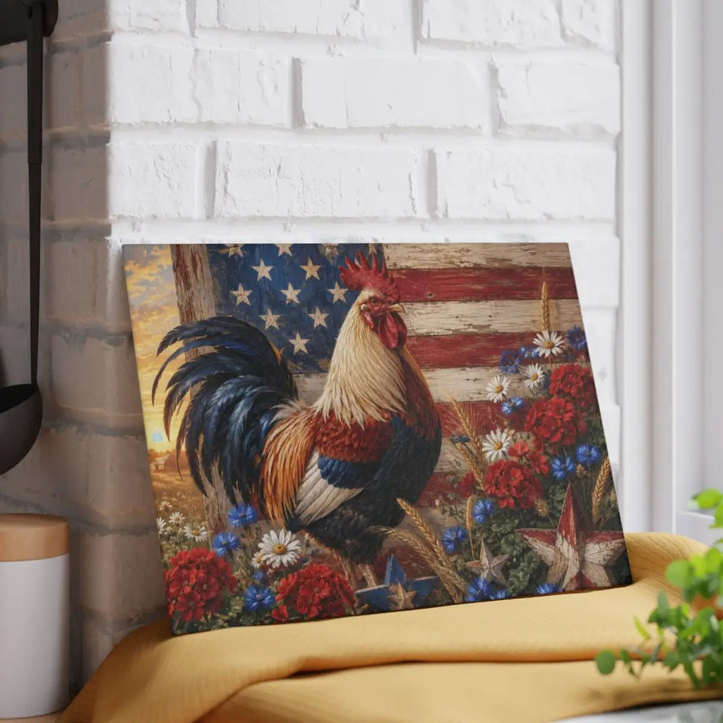 Patriotic Rooster Cutting Board, American Flag Glass Cutting Board, Farmhouse Kitchen Decor, Americana Rooster Gift, Country Kitchen