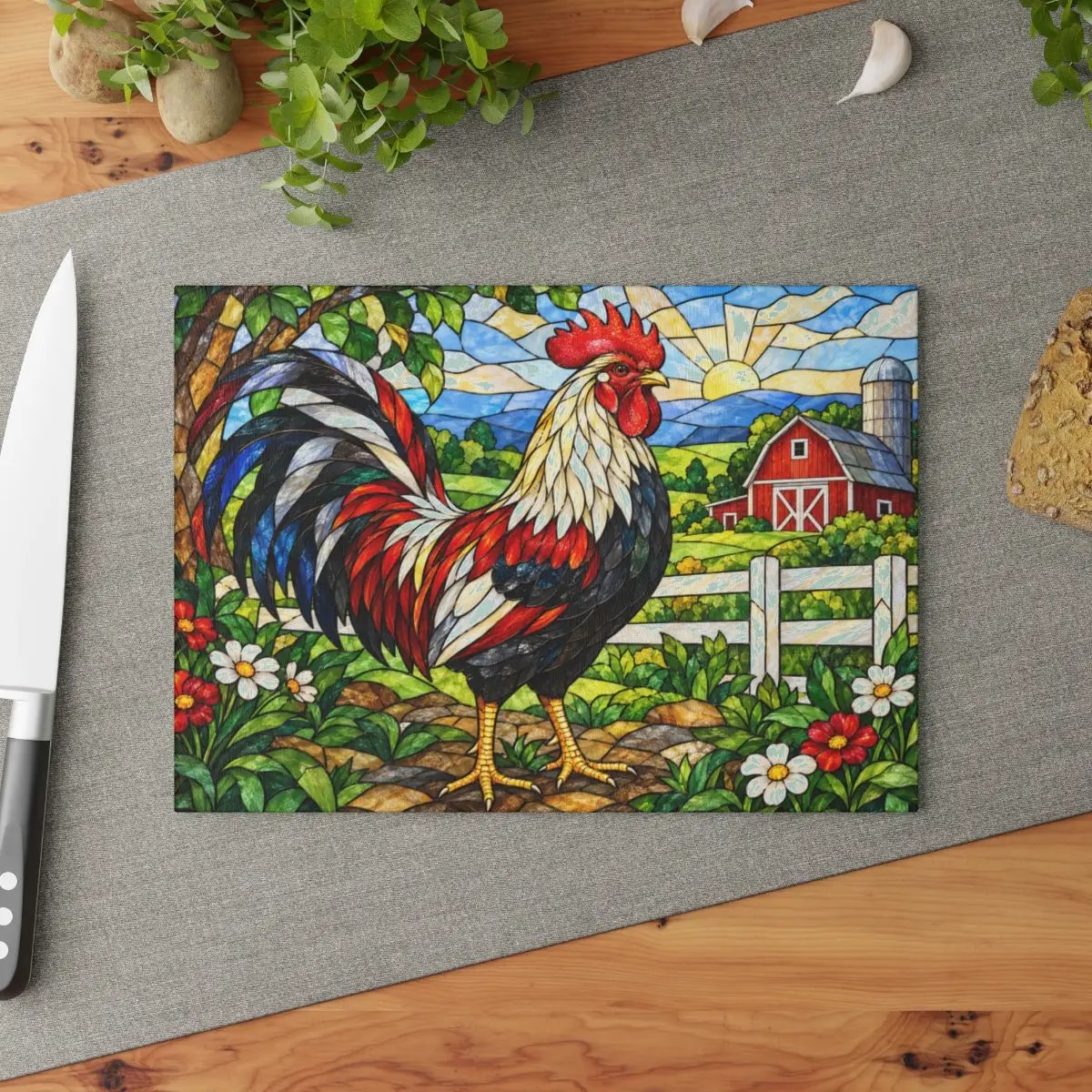 Rooster Glass Cutting Board, Red Barn Farmhouse Kitchen Decor, Country Rooster Art, Stained Glass Farm Decor, Rustic Kitchen Gift