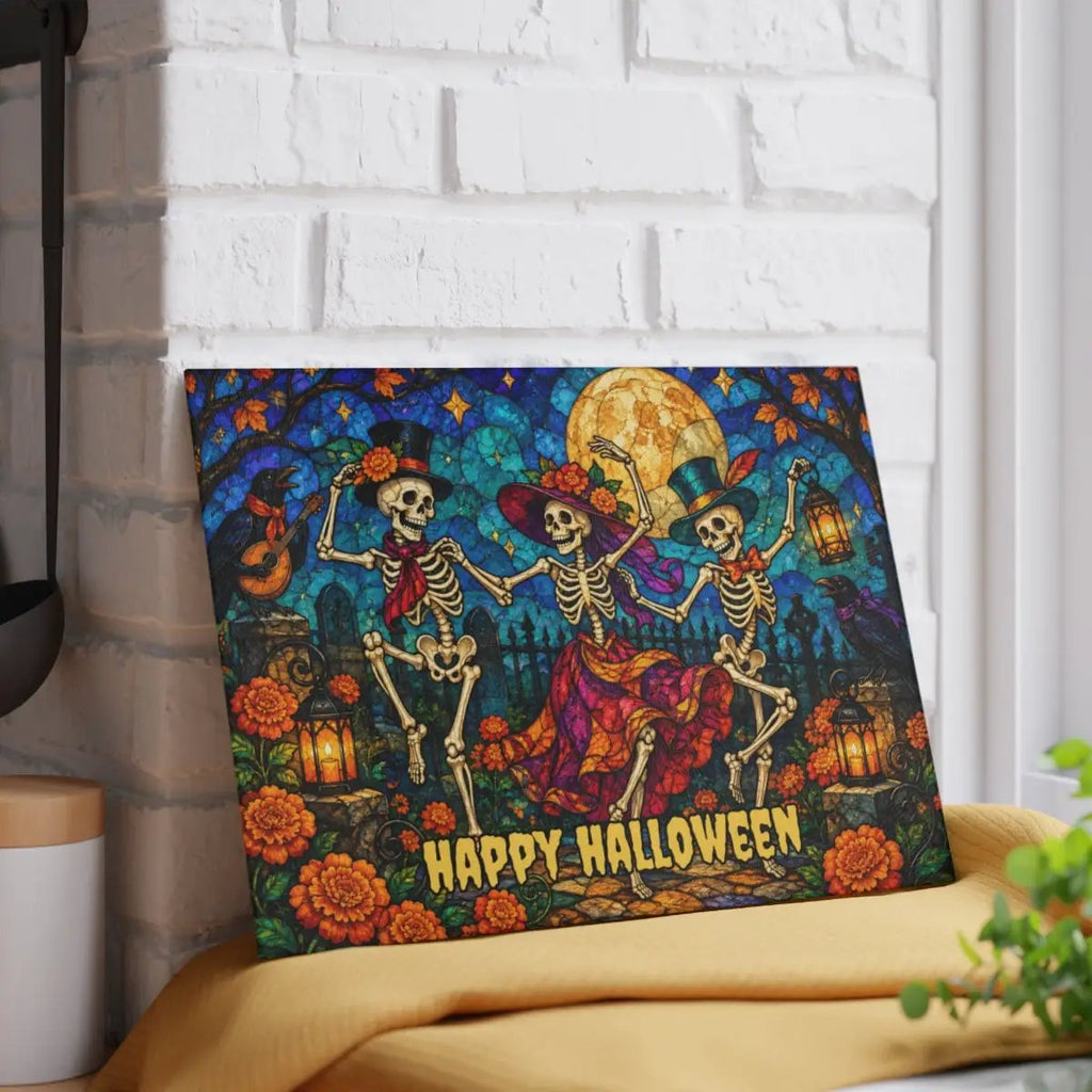 Halloween Dancing Skeletons Personalized Glass Cutting Board, Spooky Pumpkin Kitchen Decor