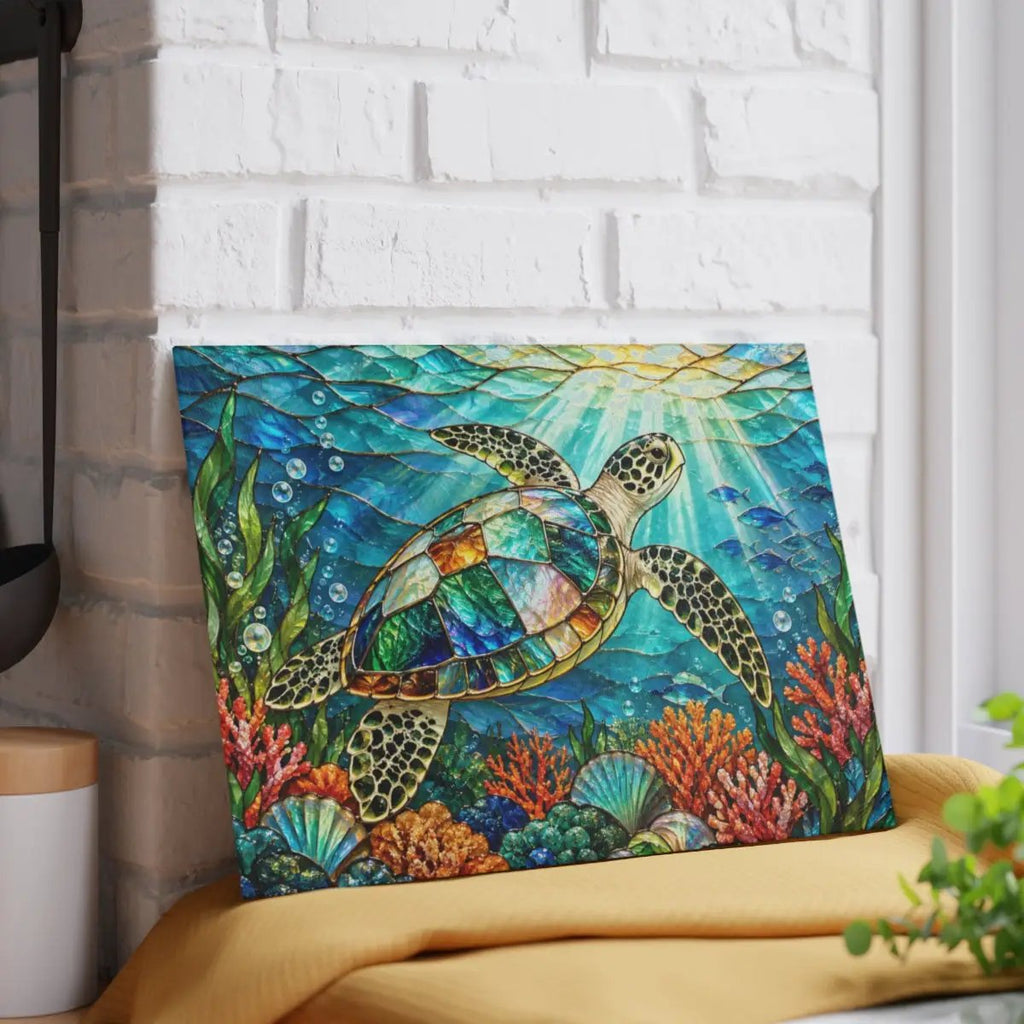 Sea Turtle Glass Cutting Board, Ocean Kitchen Decor, Marine Life Serving Board, Coastal Home Gift, Underwater Art Kitchen Accessory