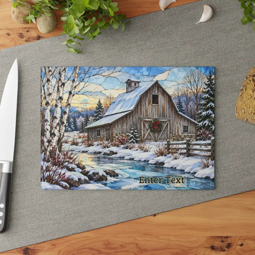 Country Winter Barn Glass Cutting Board, Snowy Farmhouse Kitchen Decor, Rustic Christmas Gift, Winter Barn Kitchen Board