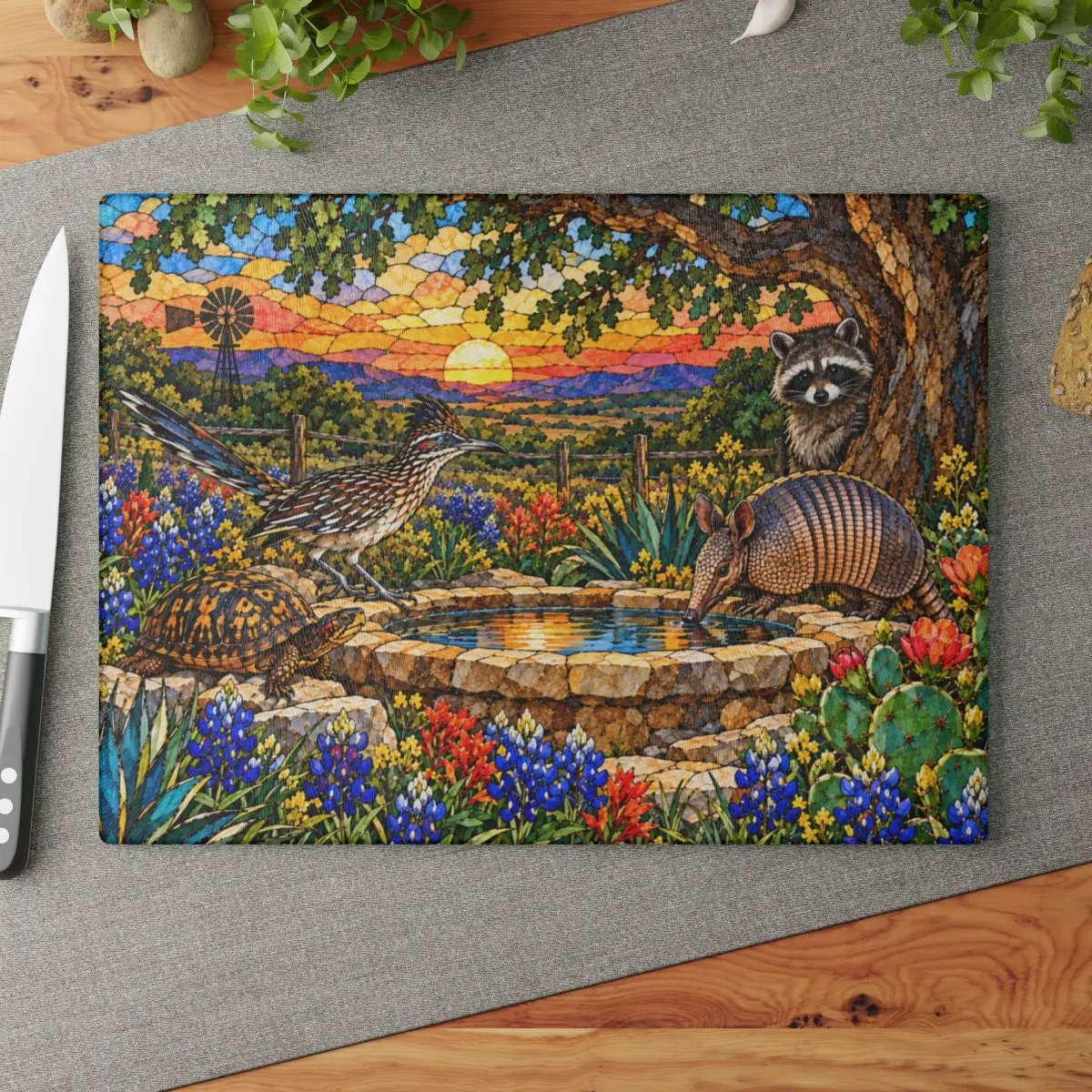 Texas Wildlife Glass Cutting Board, Roadrunner Armadillo Raccoon Bluebonnet Kitchen Decor, Waterhole Texas Gift, Colorful Southwest Art