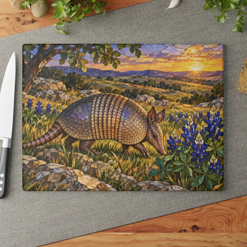 Texas Armadillo Glass Cutting Board, Bluebonnet Kitchen Decor, Wildlife Chopping Board, Southwestern Countryside Kitchen Gift, 2 Sizes