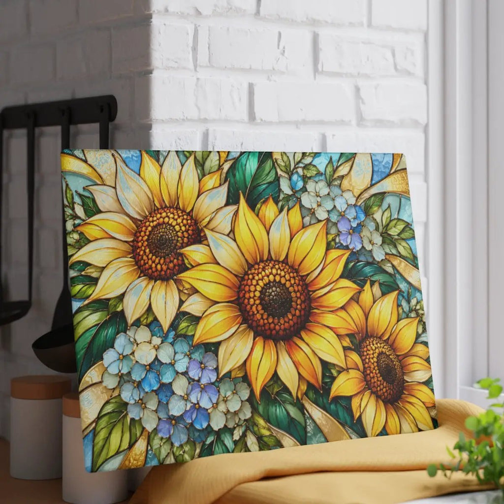 Sunflower Glass Cutting Board, Blue Hydrangea Kitchen Decor, Yellow Floral Cutting Board, Flower Lover Gift, Stained Glass Kitchen Art
