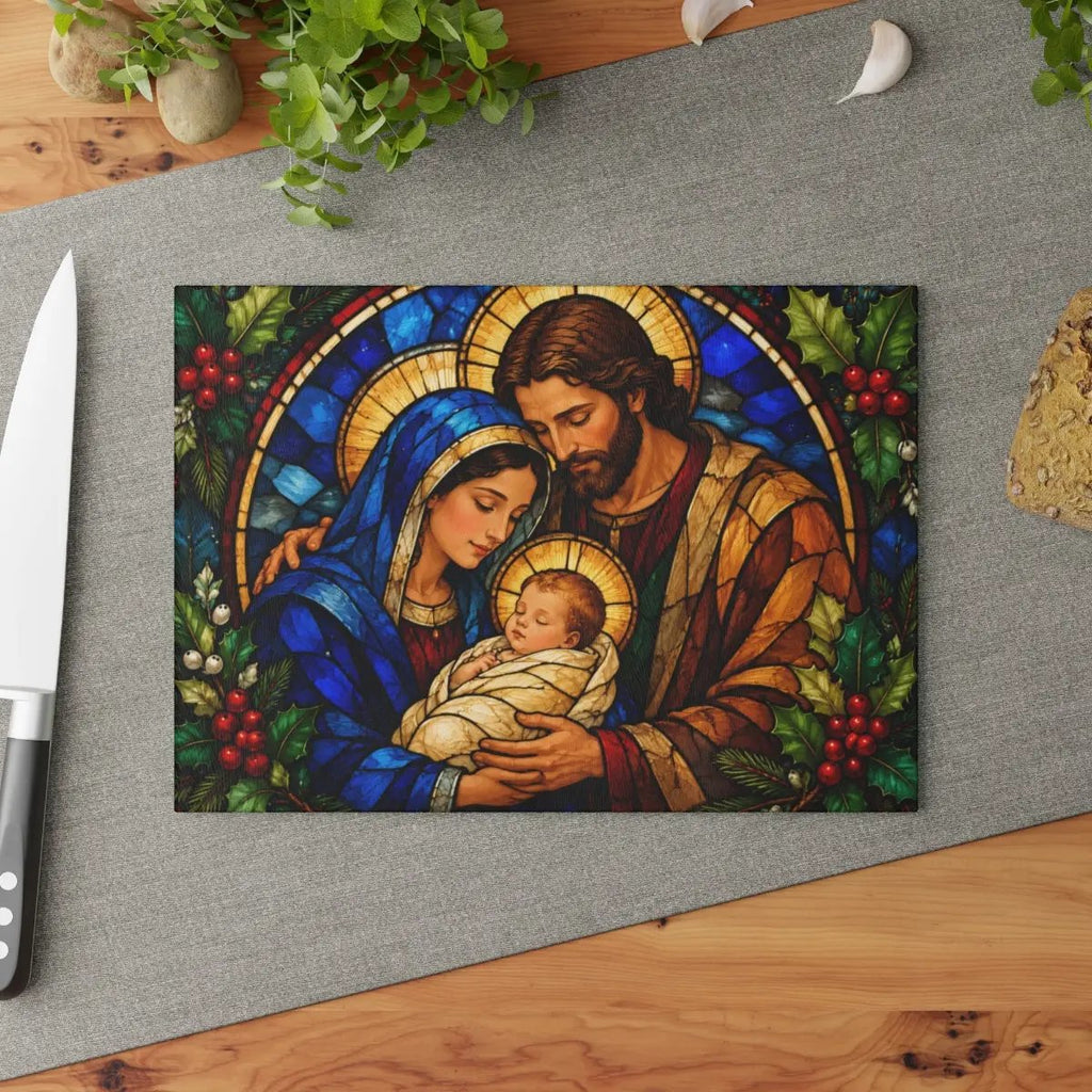 Holy Family Glass Cutting Board, Christian Christmas Gift, Nativity Kitchen Decor, Mary Joseph Baby Jesus, Religious Christmas Decor