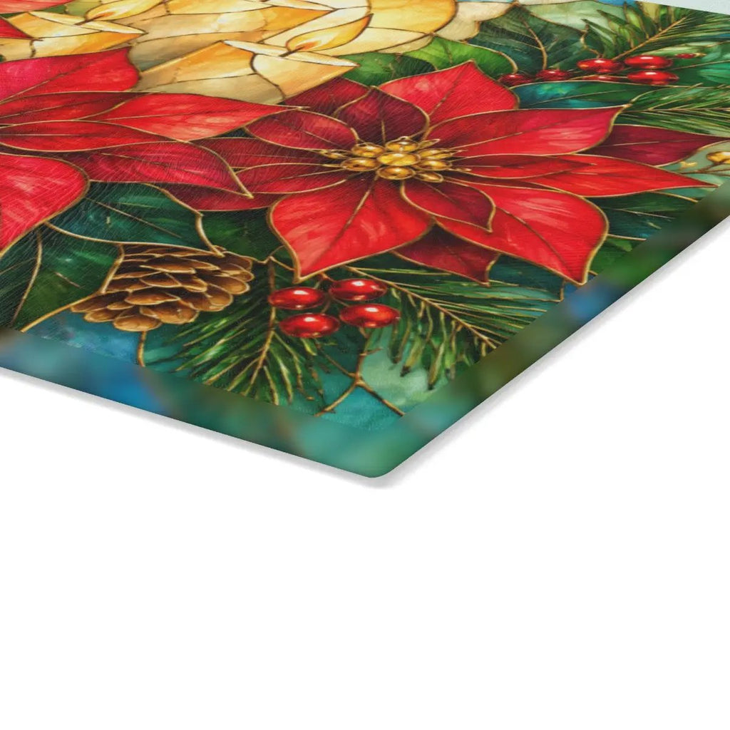 Christmas Poinsettia Glass Cutting Board, Holiday Candle Kitchen Decor, Tempered Chopping Board, Festive Winter Kitchen Gift Idea