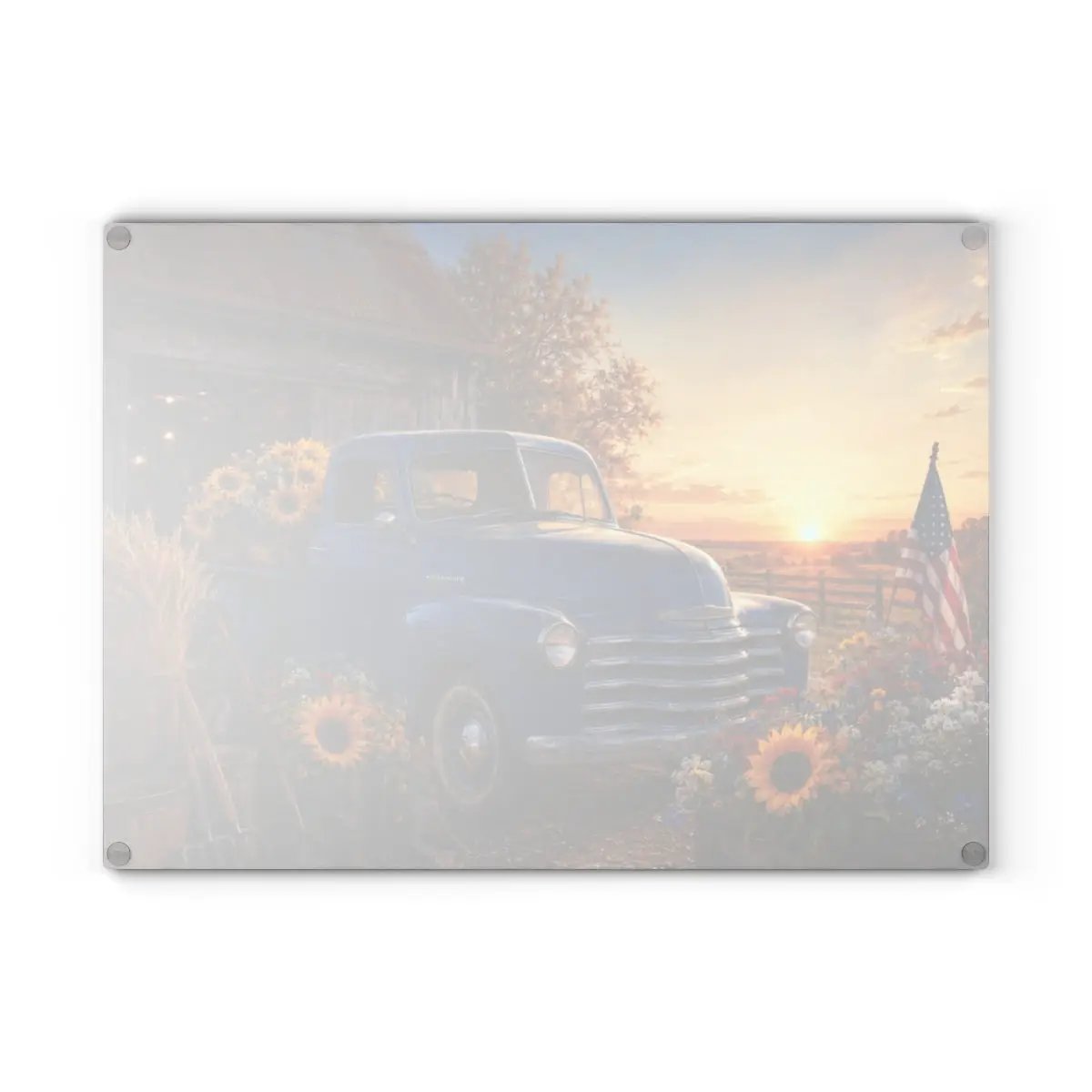 Blue Vintage Truck Glass Cutting Board, Sunflower Farmhouse Kitchen Decor, Country Americana Cutting Board, Rustic Farmhouse Gift