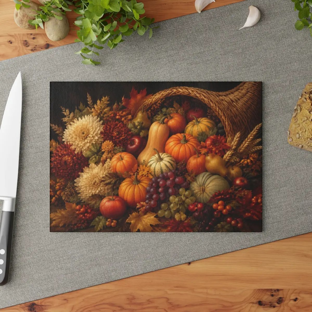 Cornucopia Glass Cutting Board, Thanksgiving Kitchen Decor, Fall Harvest Cutting Board, Autumn Hostess Gift