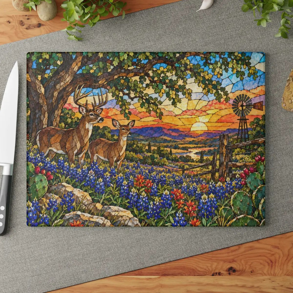 White Tailed Deer Glass Cutting Board, Texas Bluebonnet Kitchen Decor, Whitetail Buck Gift, Western Wildlife Art, Ranch House Decor