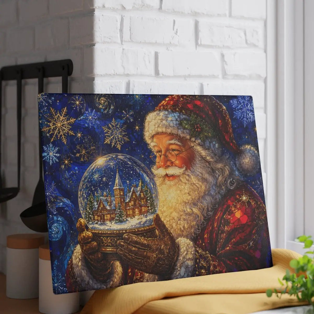 Santa Snow Globe Glass Cutting Board, Stained Glass Christmas Decor, Santa Claus Kitchen Gift, Holiday Serving Board, Christmas Gift