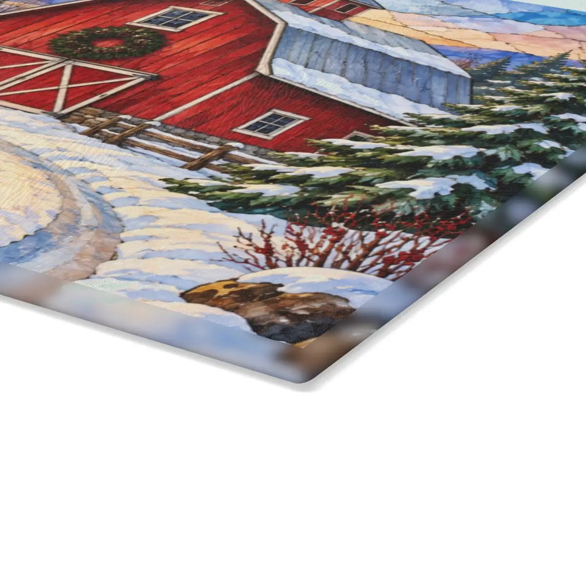 Winter Red Barn Glass Cutting Board, Snowy Country Road Farmhouse Kitchen Decor, Rustic Christmas Barn Gift