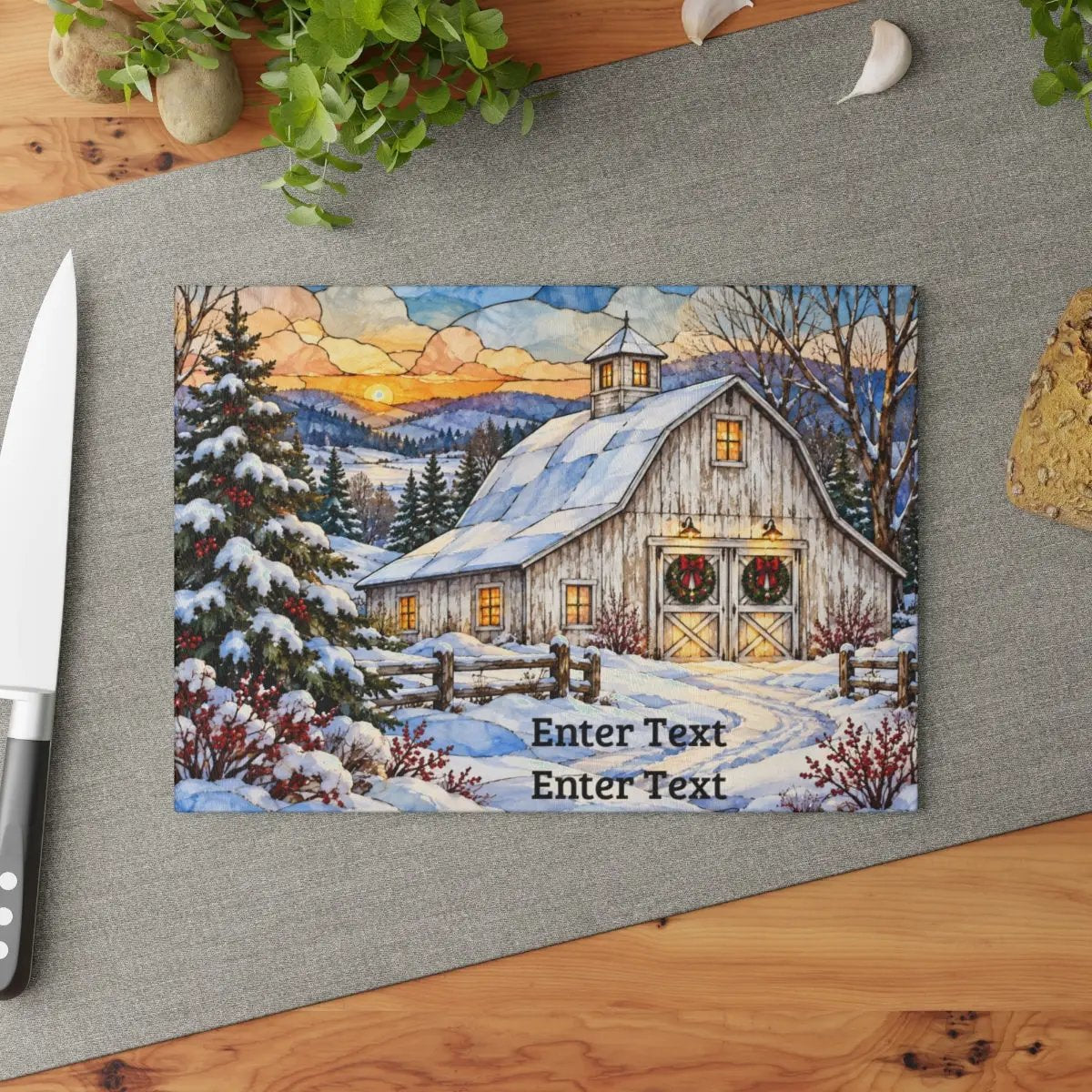 White Barn Glass Cutting Board, Christmas Farmhouse Decor, Winter Country Kitchen, Rustic Holiday Gift, Snowy Barn Christmas Decor