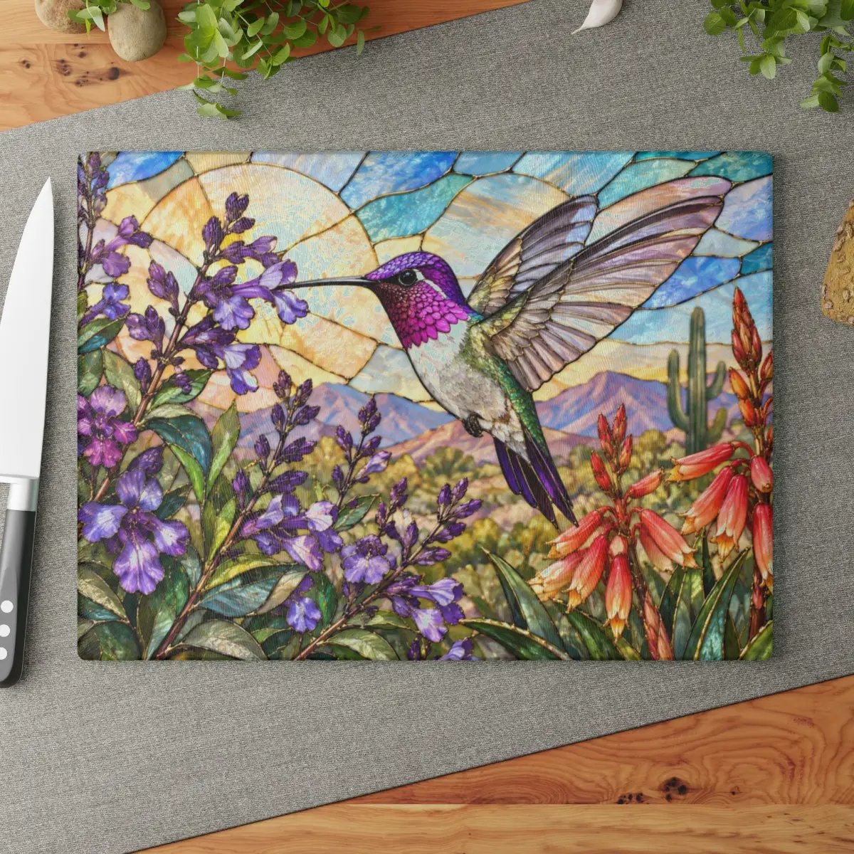 Hummingbird Cutting Board, Stained Glass Hummingbird Decor, Desert Wildflower Kitchen Decor, Bird Lover Gift, Southwest Decor