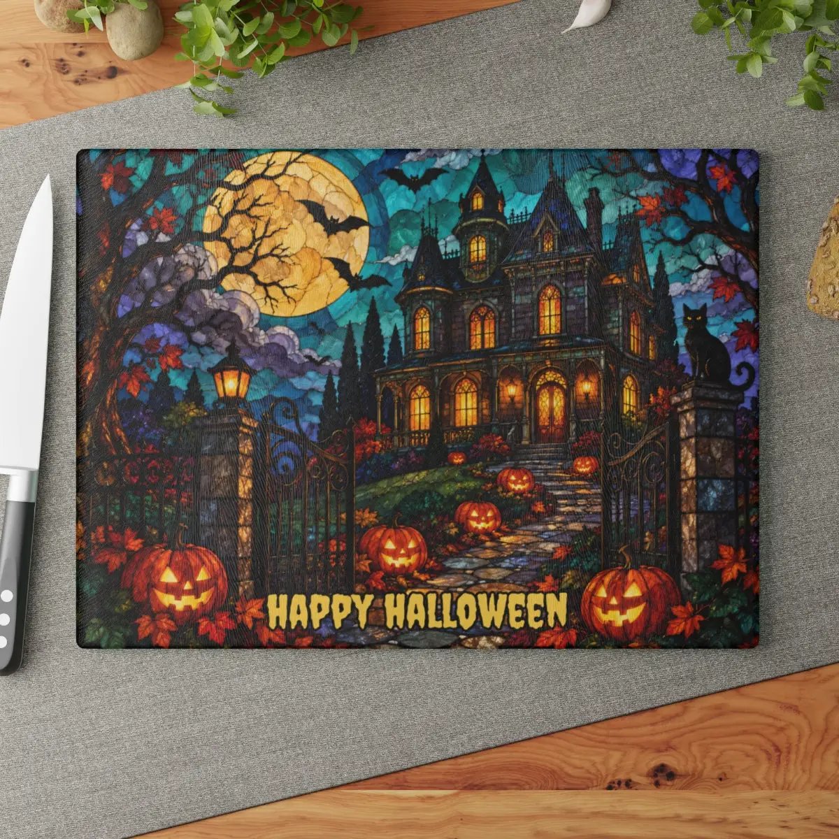 Halloween Haunted Mansion Personalized Glass Cutting Board, Spooky Pumpkin Kitchen Decor