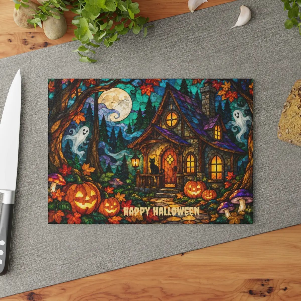 Halloween Haunted House Personalized Glass Cutting Board, Spooky Cottage Glass Kitchen Decor