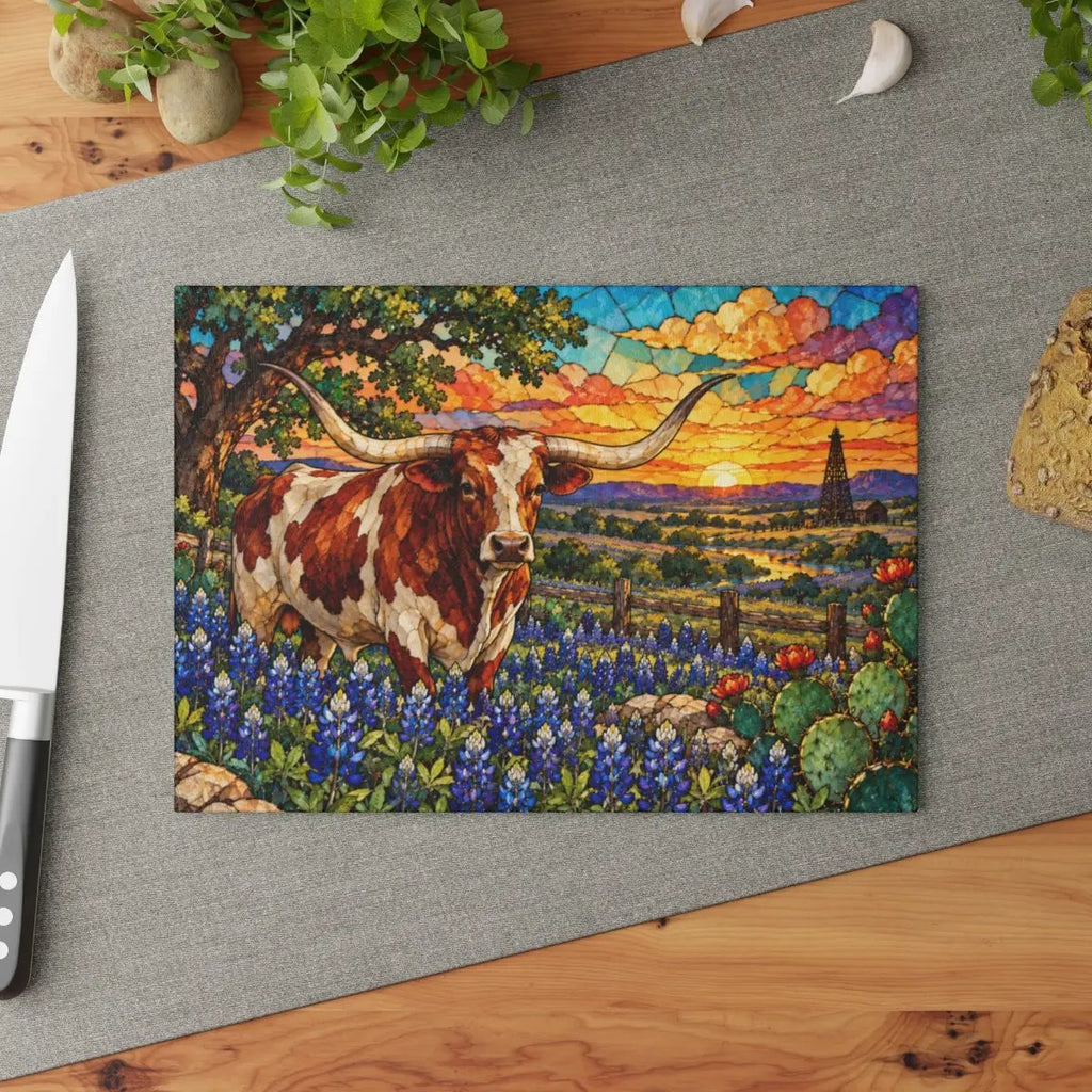 Texas Longhorn Glass Cutting Board, Bluebonnet Kitchen Decor, Texas Cow Gift, Western Kitchen Decor, Texas Housewarming Gift