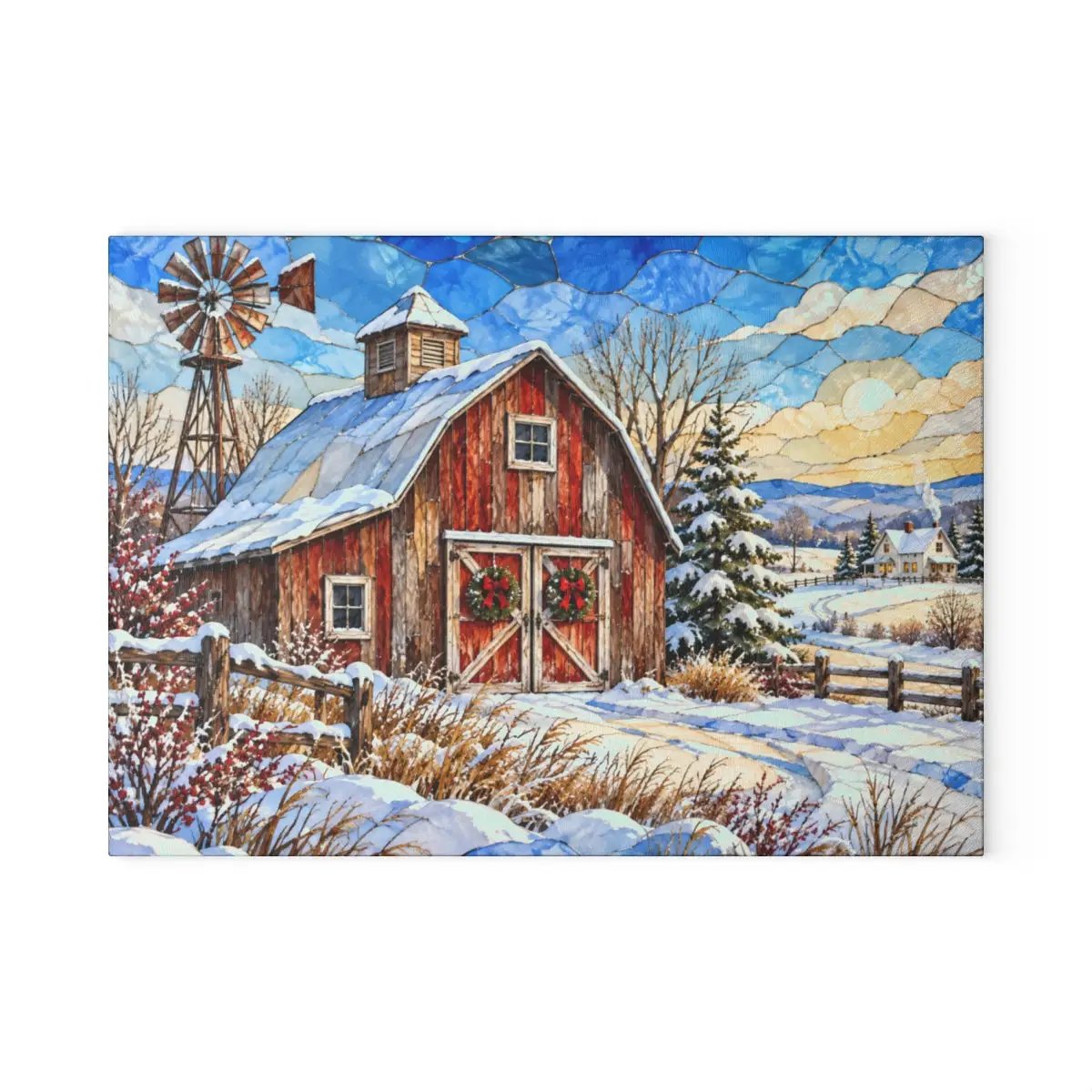 Personalized Winter Barn Cutting Board, Country Farmhouse Kitchen Decor, Stained Glass Farm Scene, Rustic Christmas Gift, Custom Family Gift