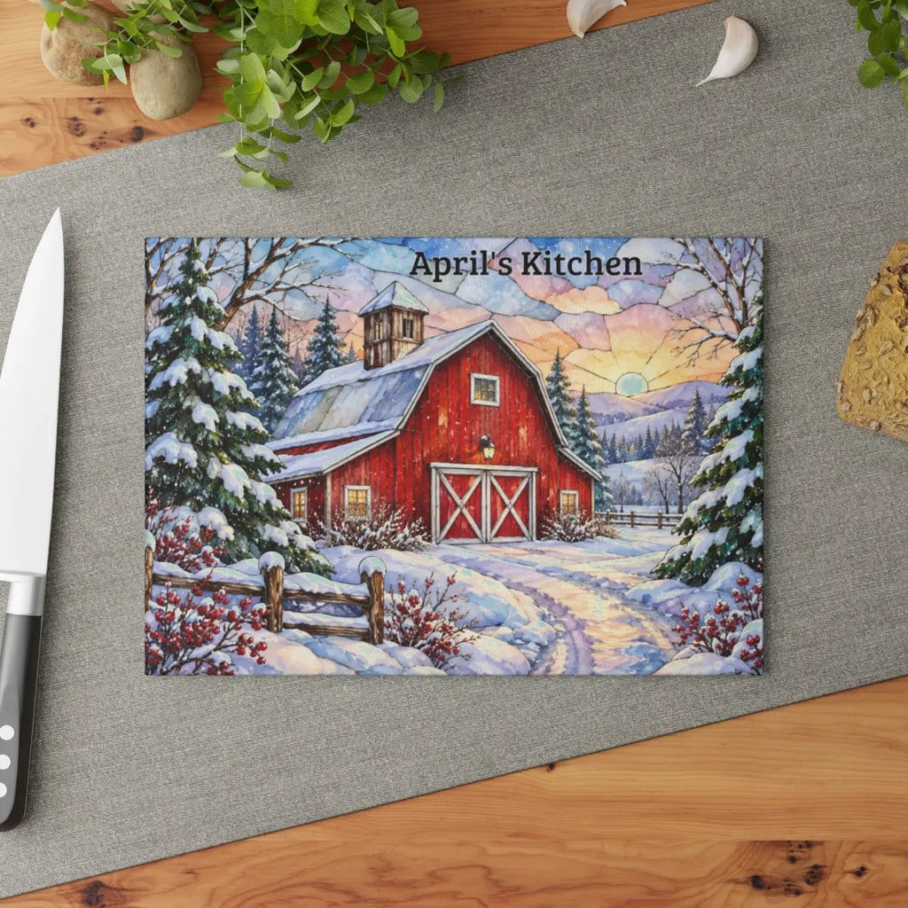 Winter Country Barn Glass Cutting Board, Red Barn Farmhouse Kitchen Decor, Snowy Rustic Country Christmas Gift