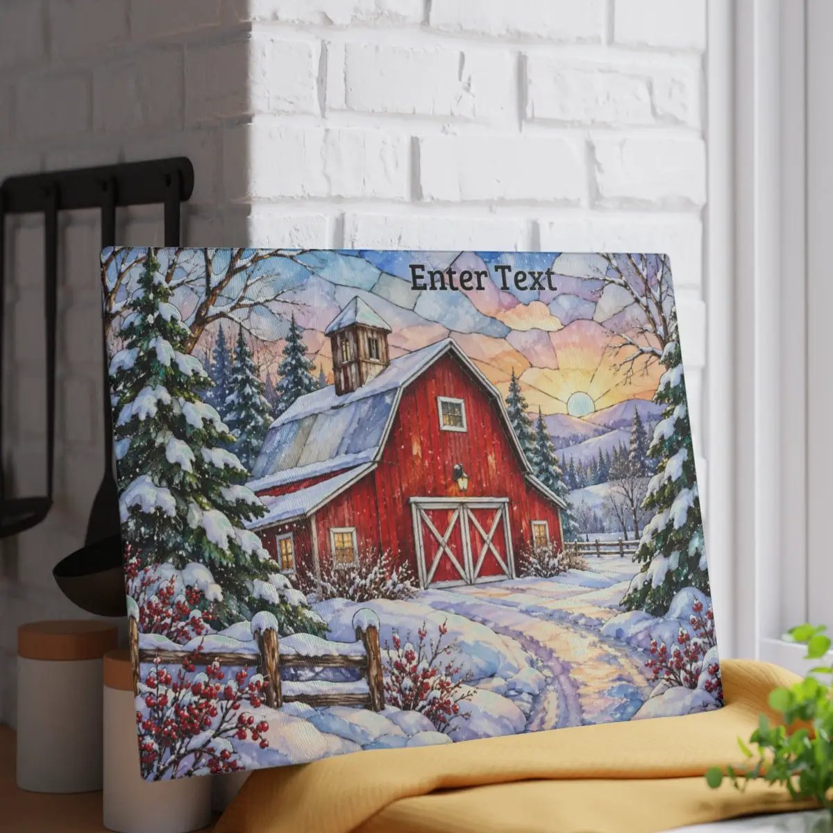 Winter Country Barn Glass Cutting Board, Red Barn Farmhouse Kitchen Decor, Snowy Rustic Country Christmas Gift