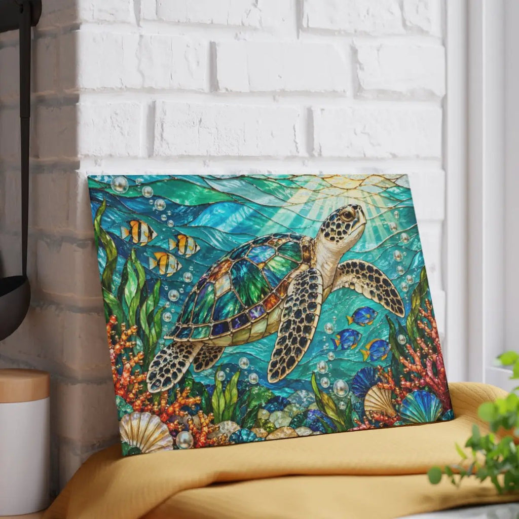 Sea Turtle Cutting Board, Ocean Kitchen Decor, Underwater Glass Chopping Board, Coastal Beach House Gift, Marine Life Kitchen Accent