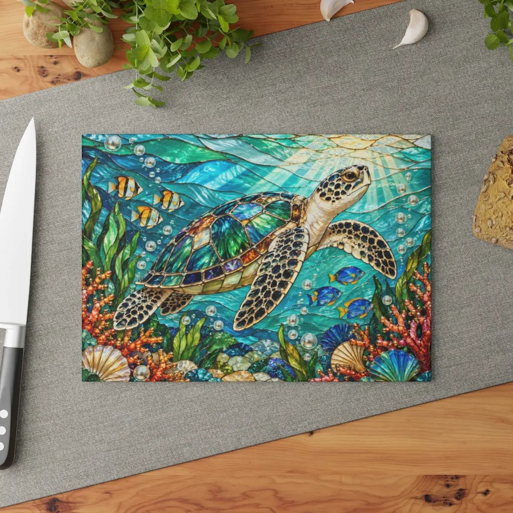 Sea Turtle Cutting Board, Ocean Kitchen Decor, Underwater Glass Chopping Board, Coastal Beach House Gift, Marine Life Kitchen Accent