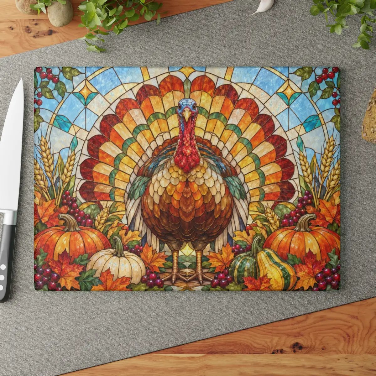 Thanksgiving Turkey Glass Cutting Board, Stained Glass Turkey Kitchen Decor, Fall Harvest Chopping Board, Thanksgiving Gift