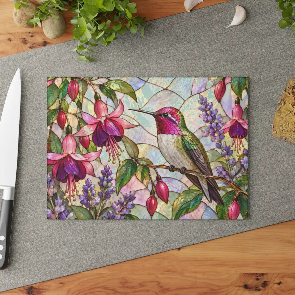 Hummingbird Cutting Board, Stained Glass Hummingbird Decor, Fuchsia Flower Kitchen Decor, Bird Lover Gift, Garden Lover Gift