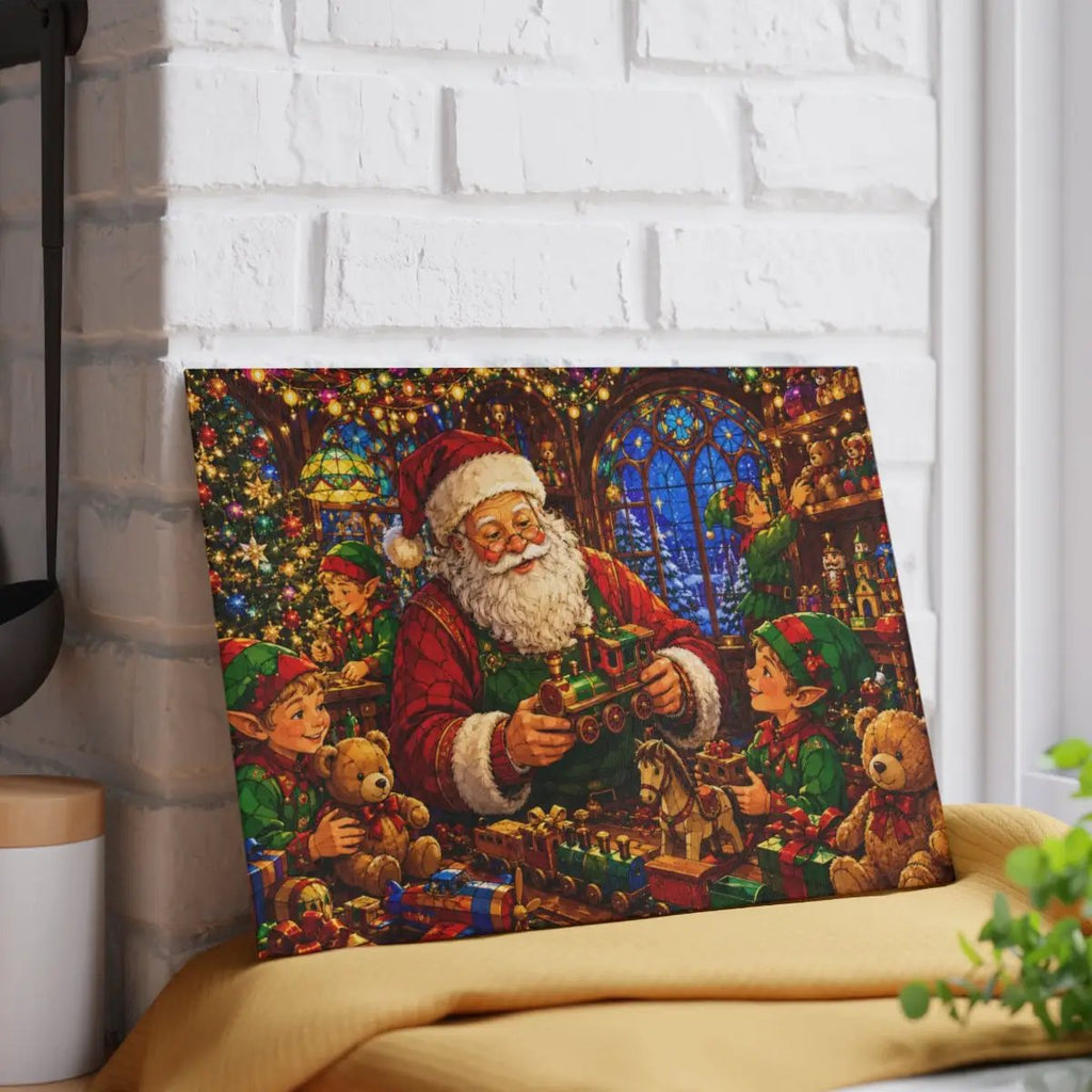 Santa Workshop Glass Cutting Board, Christmas Kitchen Decor, Santa and Elves Stained Glass Art, Holiday Serving Board, Christmas Gift