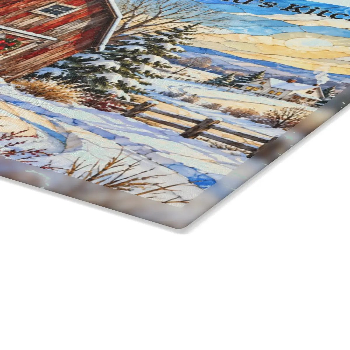 Winter Windmill Farm Glass Cutting Board, Red Barn Country Kitchen Decor, Rustic Farmhouse Christmas Gift
