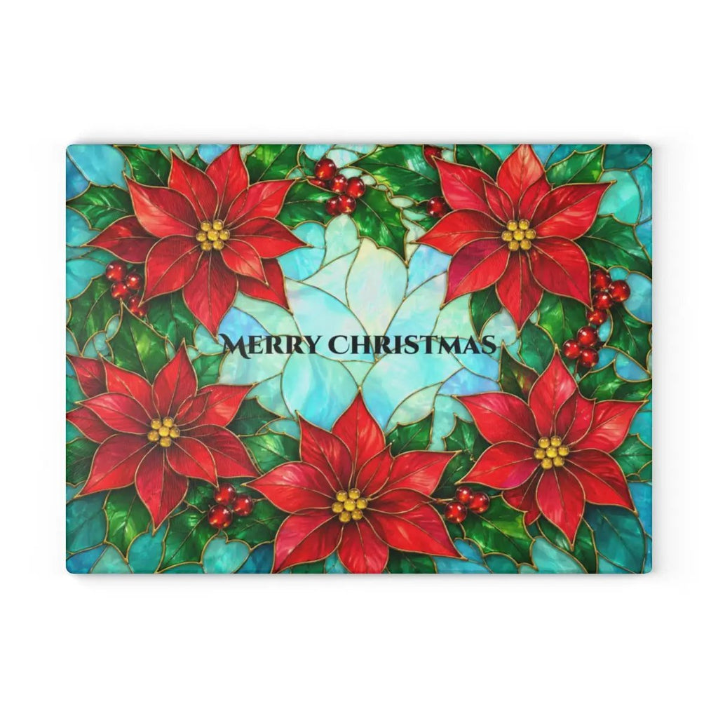 Poinsettia Glass Cutting Board, Christmas Kitchen Decor, Stained Glass Holiday Floral Chopping Board, Festive Hostess Gift for Home Cooks