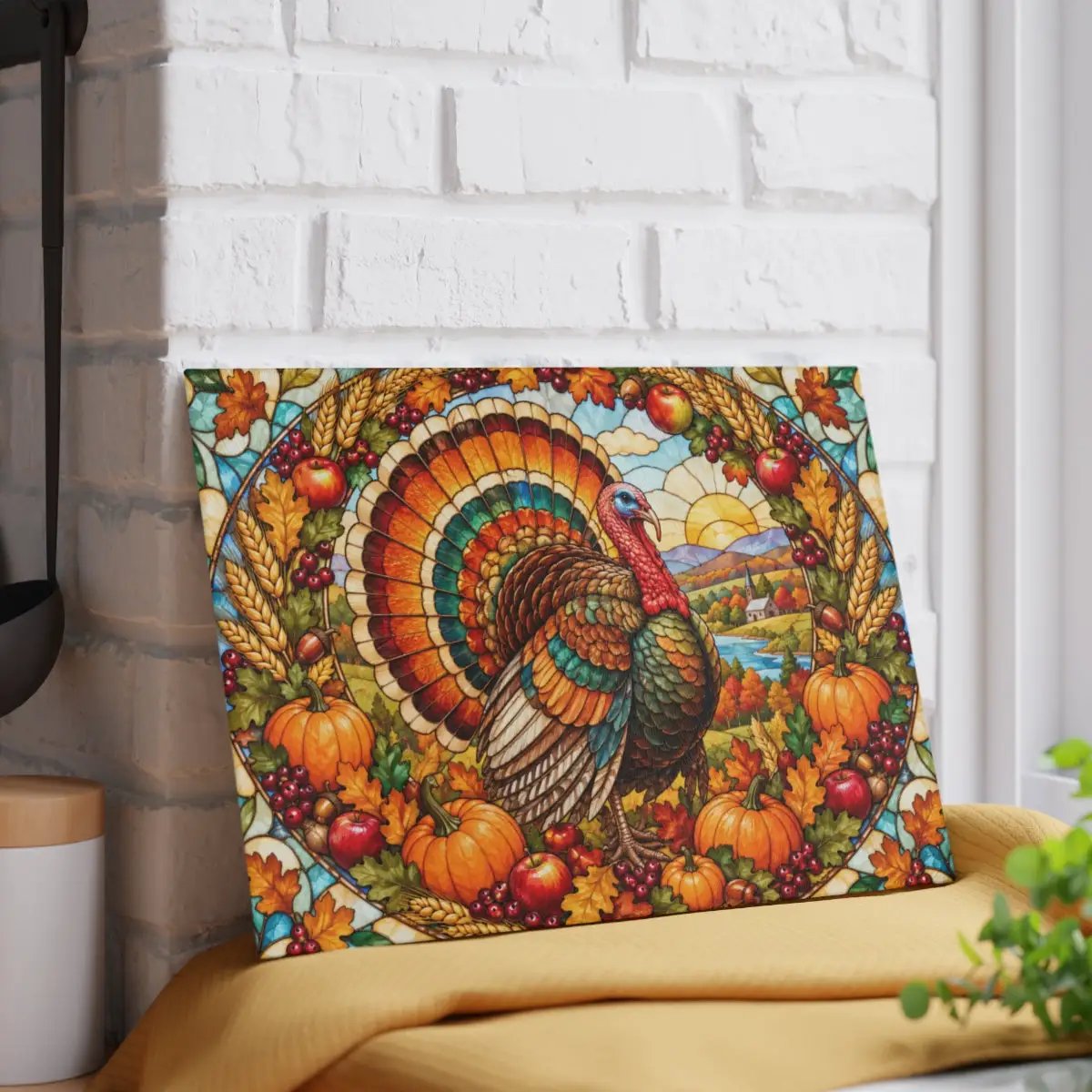 Thanksgiving Turkey Glass Cutting Board, Harvest Wreath Kitchen Decor, Stained Glass Fall Turkey, Pumpkin Apple Autumn Gift