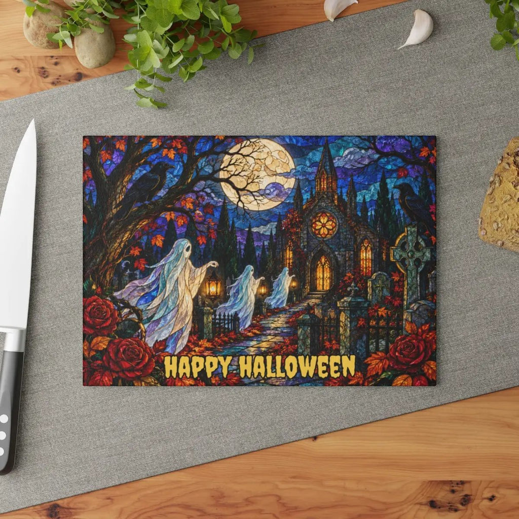 Halloween Ghost Personalized Glass Cutting Board, Haunted Graveyard Kitchen Decor