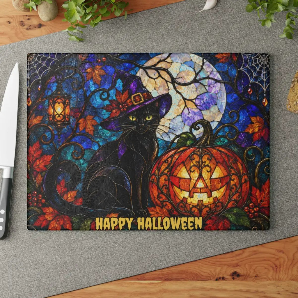 Halloween Black Witch Cat Personalized Glass Cutting Board, Spooky Pumpkin Kitchen Decor