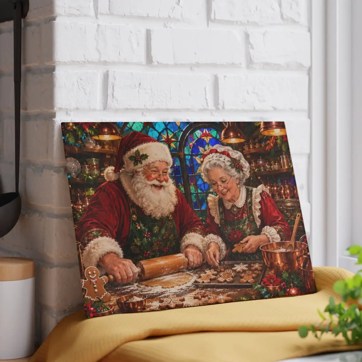 Santa and Mrs Claus Glass Cutting Board, Christmas Baking Decor, Gingerbread Kitchen Decor, Stained Glass Christmas Gift, Holiday Board